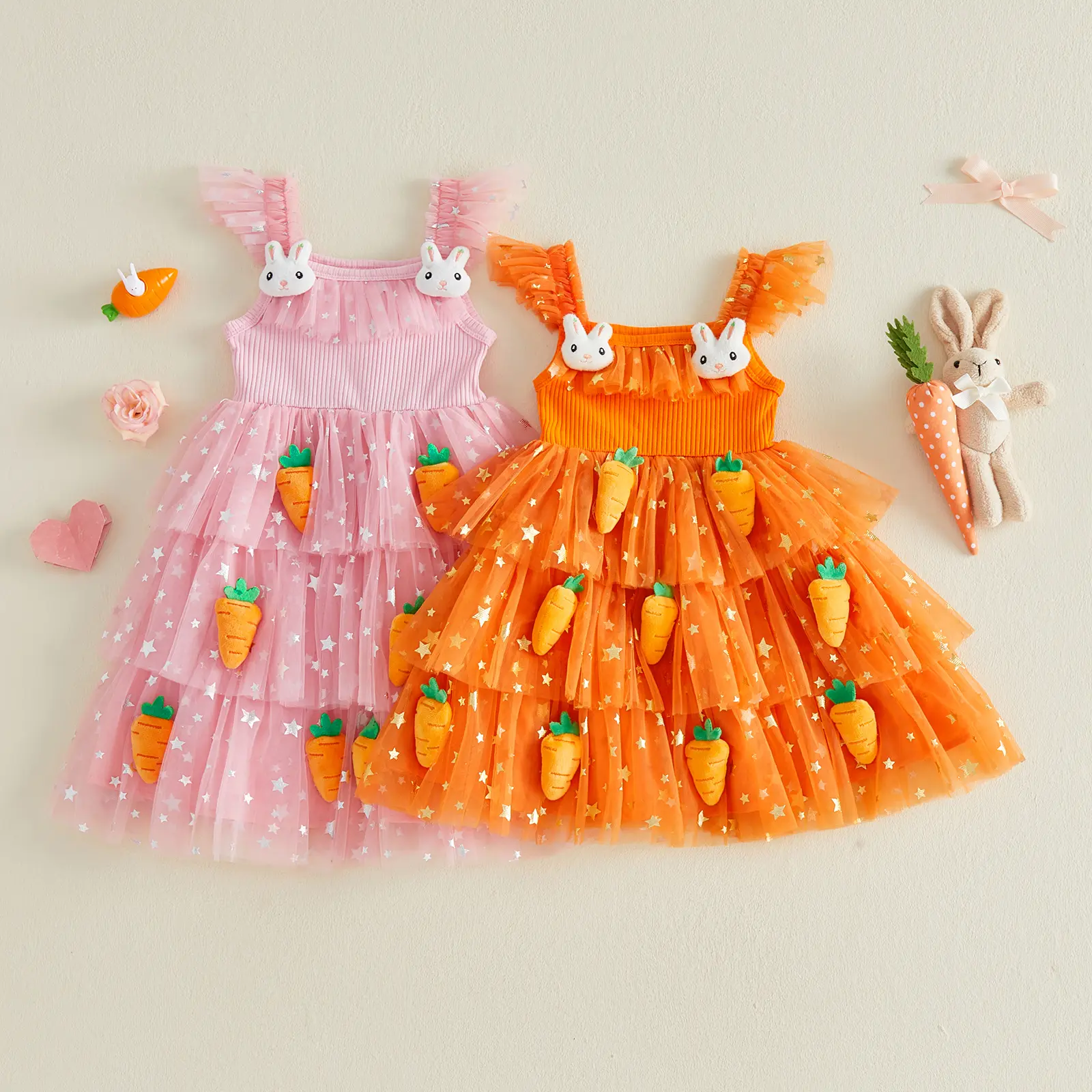 PYBCVRRD Toddler Baby Girls Easter Tutu Dress Flying Sleeve Square Neck Sequins 3D Carrot Bunny Tulle Princess Dress Esster Costume 1-6 Years