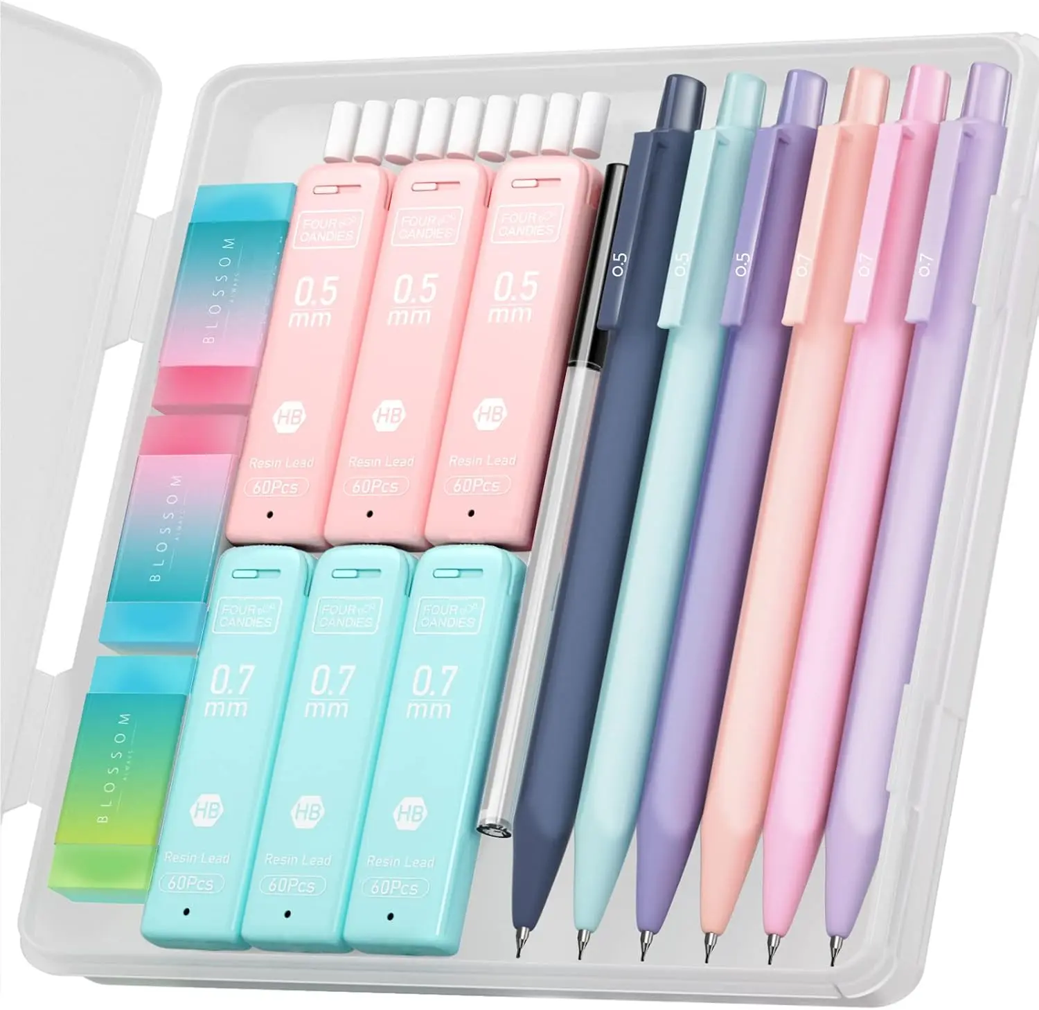 Cute Mechanical Pencil Set, 6-Pack 0.5/0.7mm | 360 Lead Refills, 3 Erasers, 9 Eraser Refills, Storage Case, Back to School Supplies