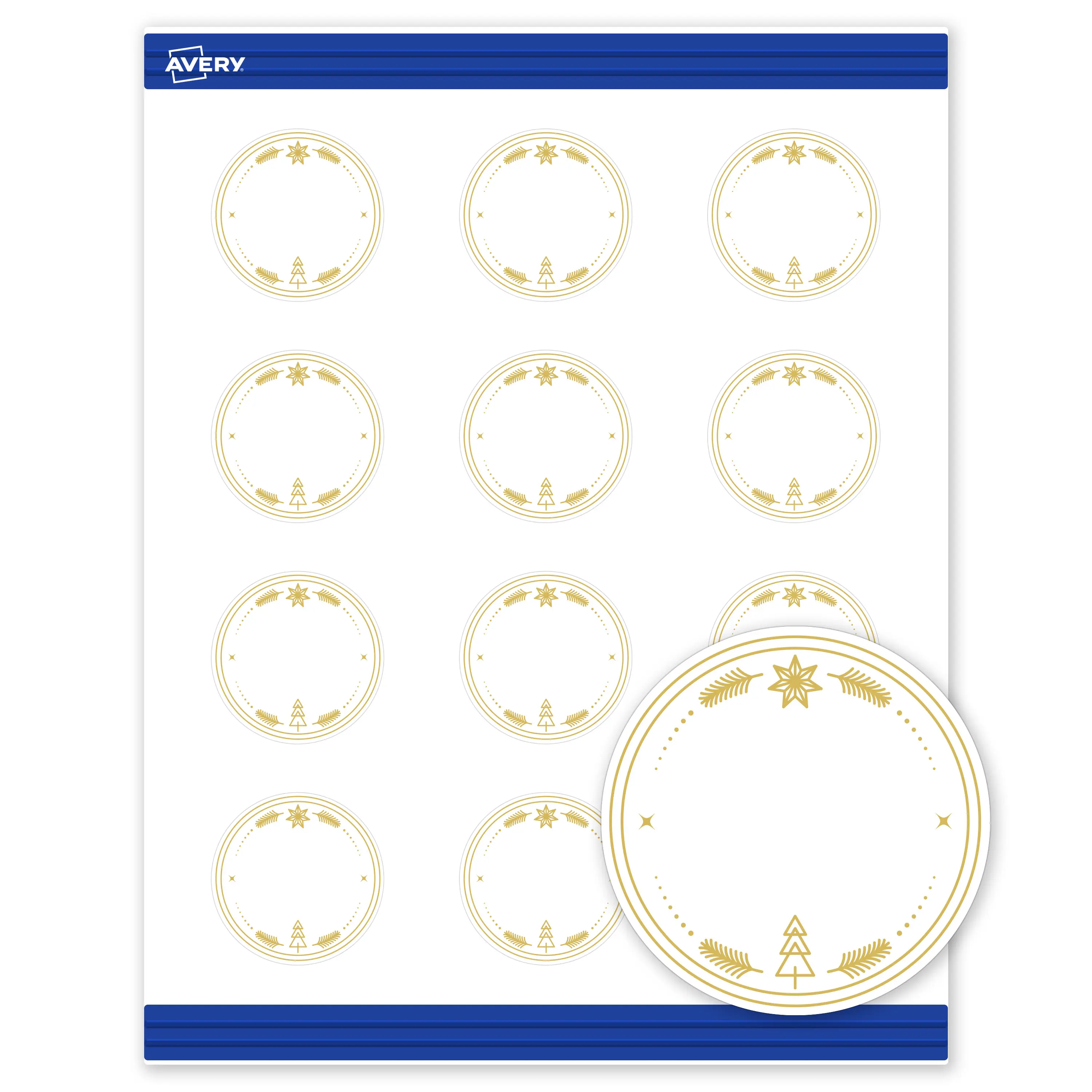 Avery® Printable Christmas Business Cards with Sure Feed® Technology, Round, 2" Diameter, Pre-Printed Metallic Gold Christmas Trees Design, Matte White, Laser & Inkjet Compatible, 120 Total