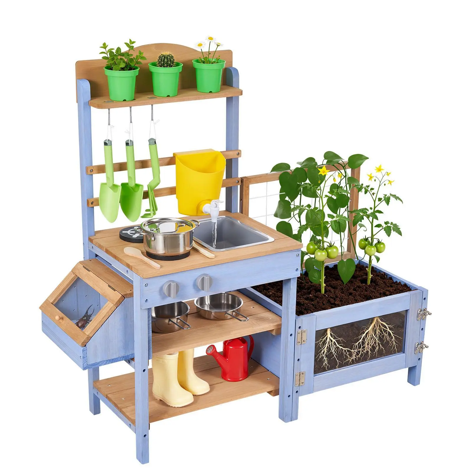 VEVOR Wooden Outdoor Play Kitchen Set for Toddlers, Pretend Play Mini Kitchen Playset with Planting Box, Critter Catcher Container, Water Tank, Sink, Cookware Pots & Accessories for Lawn, Yard#BacktoSchool