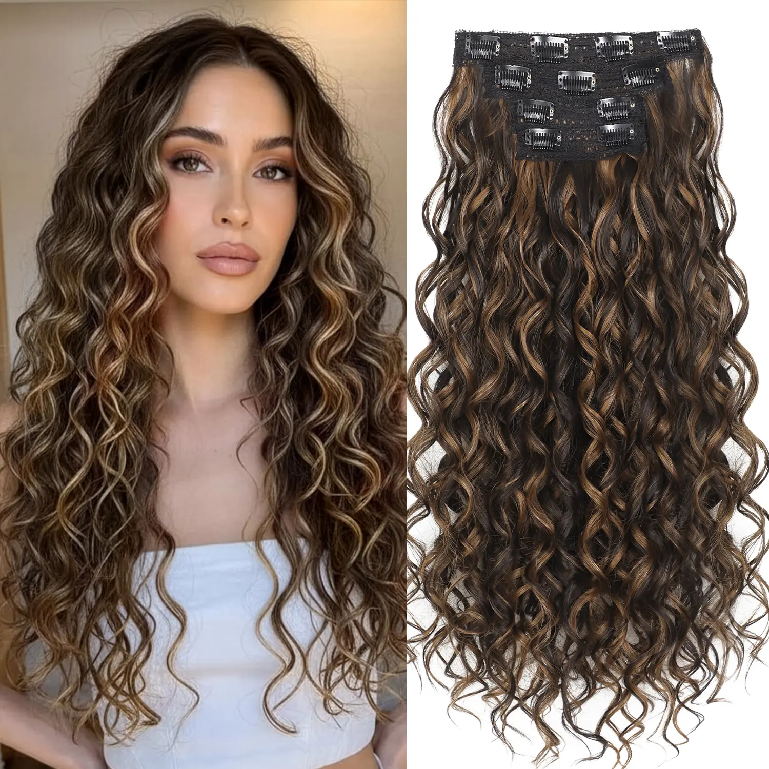 Women's 22In Clip-in Hair Extensions - 4Pcs Synthetic Fiber Hairpieces with Invisible Lace Weft, Silky Soft Natural Look, Wedding-Worthy Waves for Dark Chocolate Brown Hair