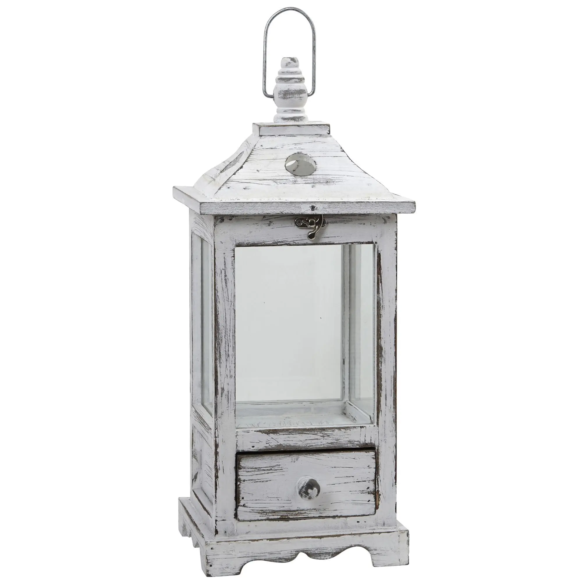 Distressed Weathered Wood Rustic Candle Holder Lantern with Pull-Out Drawers, Painted Design, Moss & Metal Accents, Hanging Home Decor for Paint-Themed Weddings & Holiday Events, Lantern Candle Holder