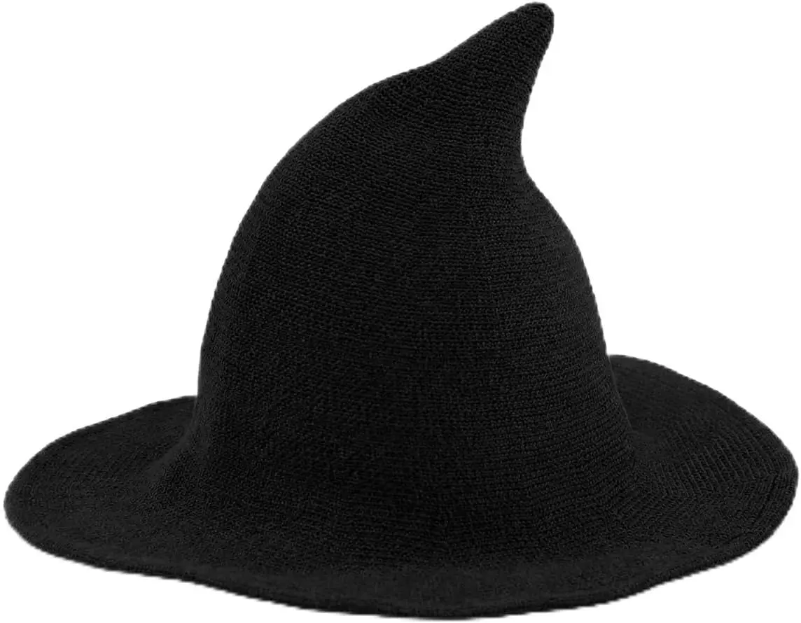 Witch Hat for Halloween Wool Hats Wide Brim Spire Knitted Cap for Party Masquerade Cosplay Costume Daily (Black)