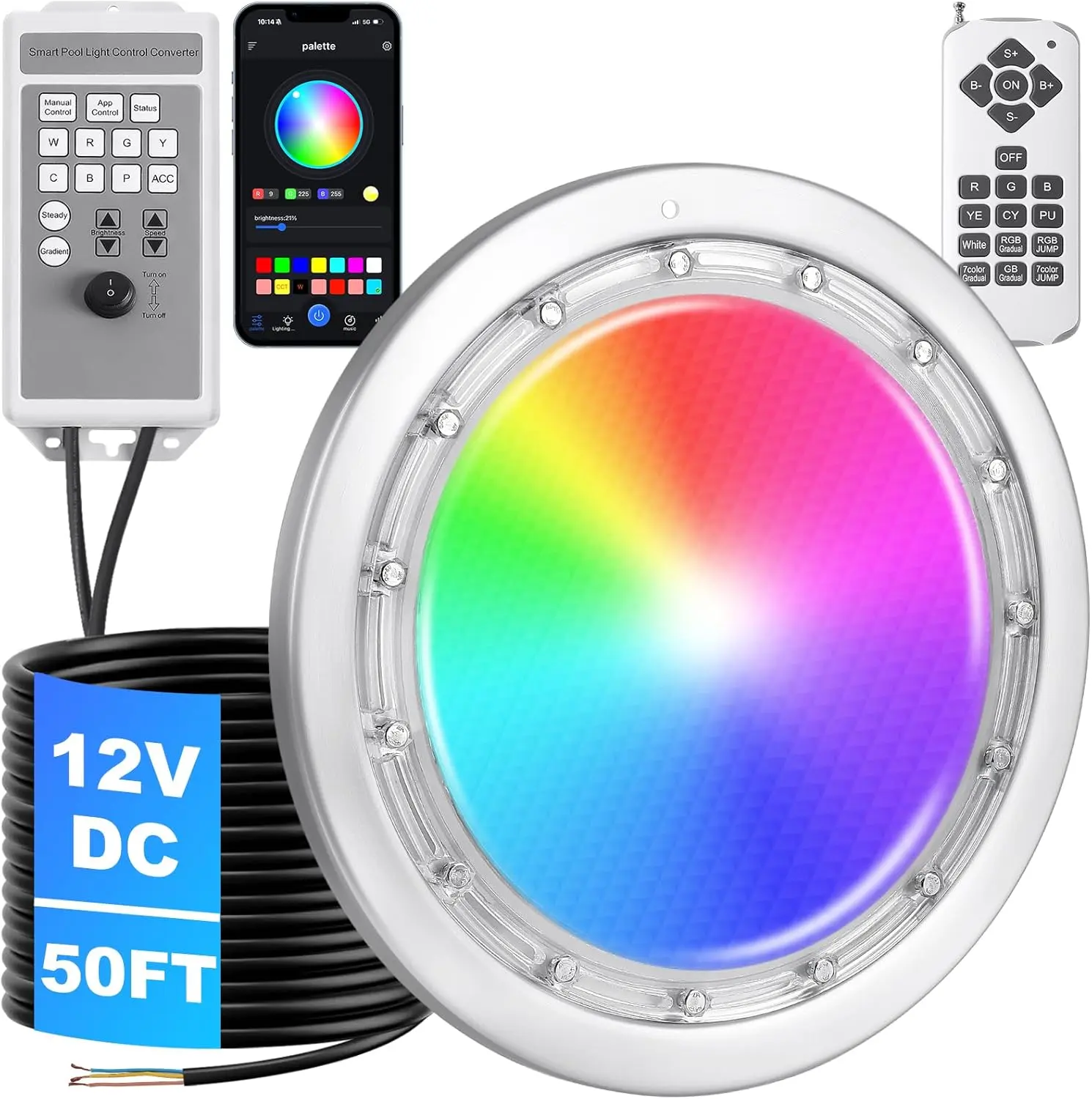 12V DC Inground Pool LED Light, 10in 60W IP68 Rated 304L Stainless Steel Light with 50ft Cord, Adjustable Remote & APP Controller, Color Changing, Adjustable Screws, 50000H Lifespan, Fits 10in Wet Niches, Durability, 2-Year After-Sales Service