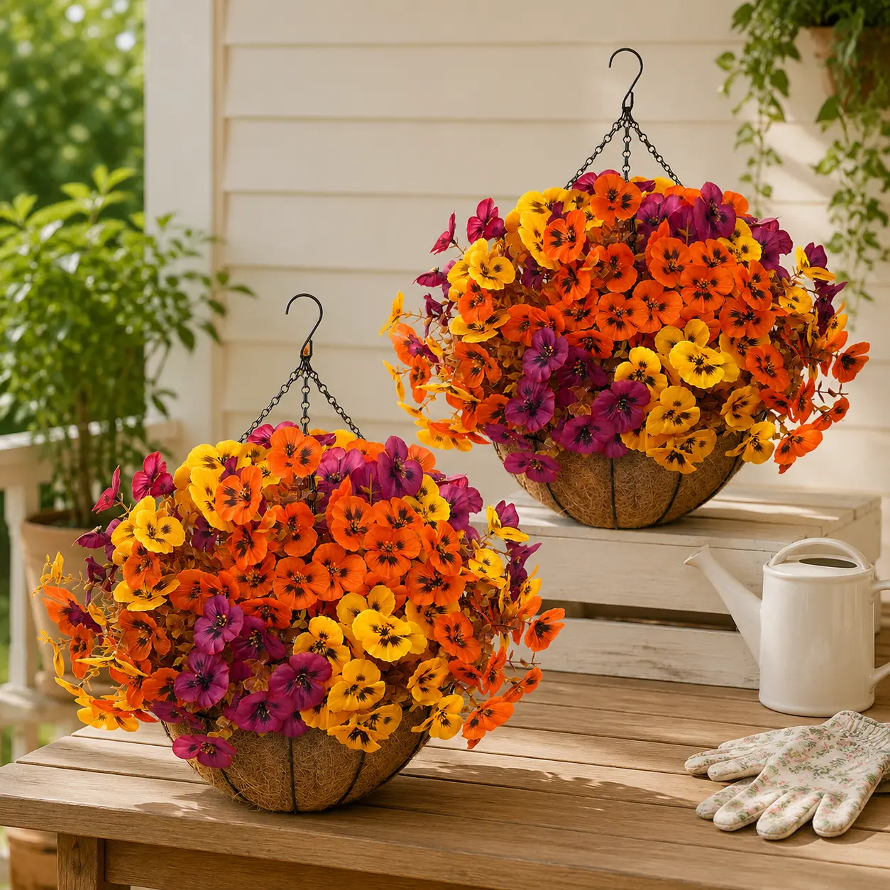 2pcs   UV Resistant Artificial Outdoor Hanging Planters  Pansy Baskets with 24 Realistic Blooms with Greenery, Outdoor Home Decor for Porch, Patio, Includes Hanging Planters, Faux Floral Indoor Room Accents