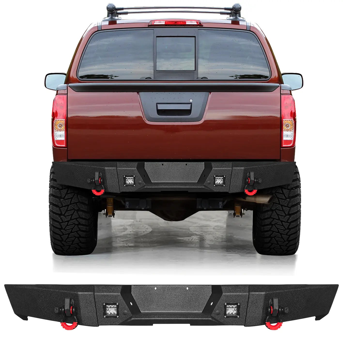 Vijay Black Steel Rear Bumper Kit For 2005-2021 Nissan Frontier, W/2x4.75t D-Rings, Led Lights, 2x26w Square Led Lights, 68.82x12.2x8.7 Inches, 68.82" Length