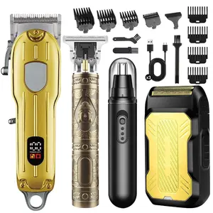 Gold Hair Clipper Kit with T-Blade Trimmer, Nose Trimmer, Electric Shaver for Men - Precision Grooming with LED Display, 8 Guide Combs, Cordless Design, Long Battery Life