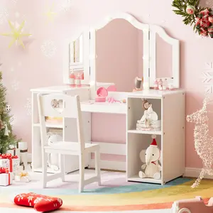 Garvee Vanity Set for Youngsters with Lights, Princess Makeup Computer, Storage Closet, Detachable Touch Light, Triple-Fold Mirror, Convertible Changing Table and Chair 2-in-1 Playset
