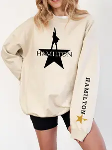 Women's Hamilton Golden Star Crewneck Pullover Sweatshirt - Retro Broadway Musical Character Silhouette Graphic, Nostalgic Theater Aesthetic for Musical Lovers, Concert Events, Theater Trips, Edgy Streetwear, Lazy Day Outfits, Womenswear