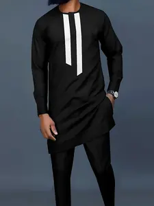 2 pcs/set Black Colorblock Dashiki for Men, White Stripes, Long Sleeve shirt and Drawstring Trousers, African Menswear for Street, Dates, and Cultural Activities