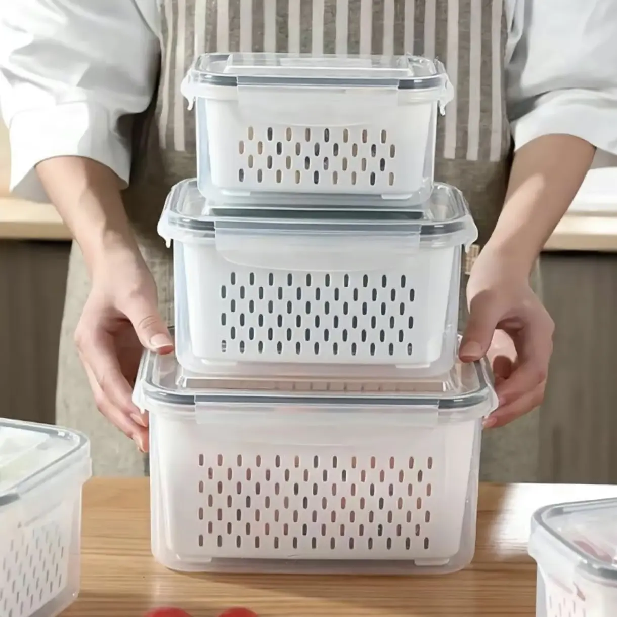 ZHOHO TANT 3-Pack Multi-Size Rectangle Freezeable Food Storage Bins with Lids - Airtight, BPA-Free, Stackable, Leakproof, with Removable Colander to Drain for Meal Prep, Deep Freezer Organizer, Organize Kitchen, Airtight Dispenser