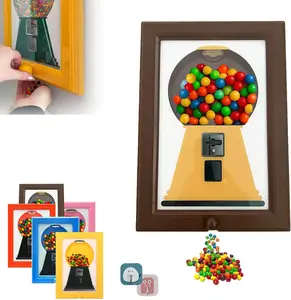 Candy Dispenser Picture Frame, Wall Mounted Treat Dispenser for Candies Nuts Dog & Cat Treats, Gumball Machine with Photo Display Shelf, Home Decor Snack Storage (Brown)