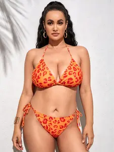 Plus Size Women’s Triangle Bikini with Hot Lips Design | Tie-Side High Slit Two-Piece Quick-Dry Swimsuit — Perfect for Summer Vacations, Beach Trips, Islands, and Hot Springs
