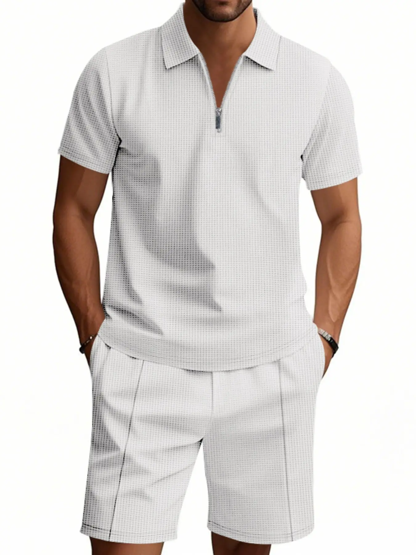 Men's Summer Plaid Knit Polo Set, Modern Quarter-Zip Short Sleeve Top & Pleated Shorts, Breathable Two-Piece Golf, No Iron Tech Fabric, Casual Matching Sets, Casual Outfit Set