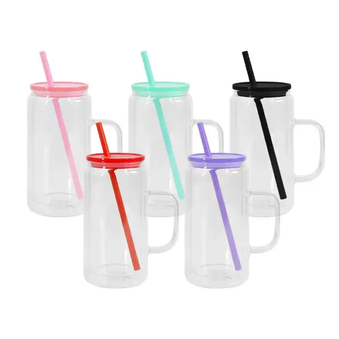 16oz snow globe sublimation glass cups with handle and plastic color lid | Sublimation Tumbler | 16 oz Snowglobe Tumblers