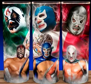 Mil Mascaras - Blue Demon - El Santo - Luchador Wrestling Cup Mug Tumbler 20oz Stainless Steel Tumbler with Slide Closure Lid, Reusable Plastic Straw, Handmade Design - Drinkware - Mexican Wrestling Legends