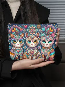 Makeup Bag 1pc, Colorful Artistic Cats Design Linen Cosmetic Bag, Foldable & Portable Toiletry Bag, Zipper Closure, For Men & Women, Travel Storage/Daily Use, Gift For Holiday, Friends, Christmas, Birthdays, Graduations