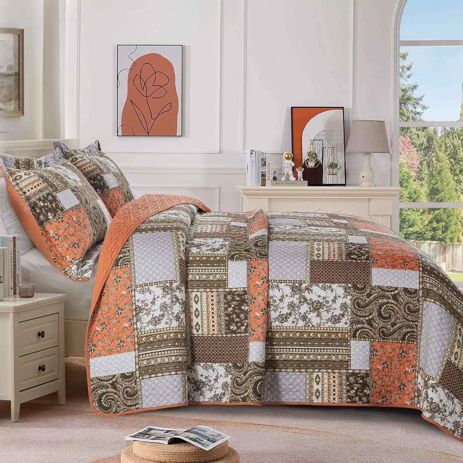 Cotton King Size for Farmhouse- Fall Patchwork Bedspread Set --Woven Soft Reversible King Size Bed Spread for All (Floral Orange) 3 Pieces Cotton King Size for Farmhouse- Fall Patchwork Bedspread Set --Woven Soft Reversible King Size Bed Spread for All (Floral Orange) 3 Pieces