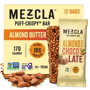 Mezcla Almond Butter Chocolate Puff-Crispy Bar - 12 Vegan Protein Bars, 10g Protein, Gluten-Free, Soy-Free, Dairy-Free, Non-GMO, 170 Calories, Plant-Based Snack