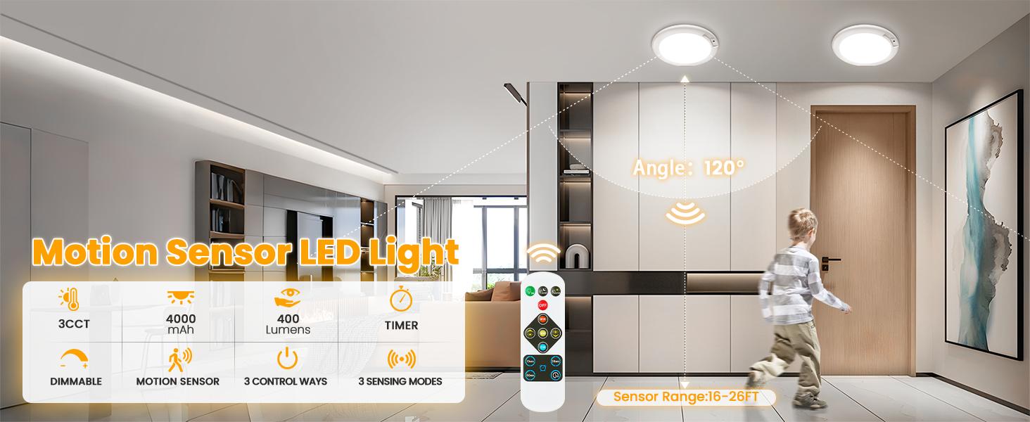 2026 Rechargeable Motion Sensor LED Ceiling Light with Remote, Wireless Battery Operated 3CCT Dimmable Closet Lights for Shower Pantry