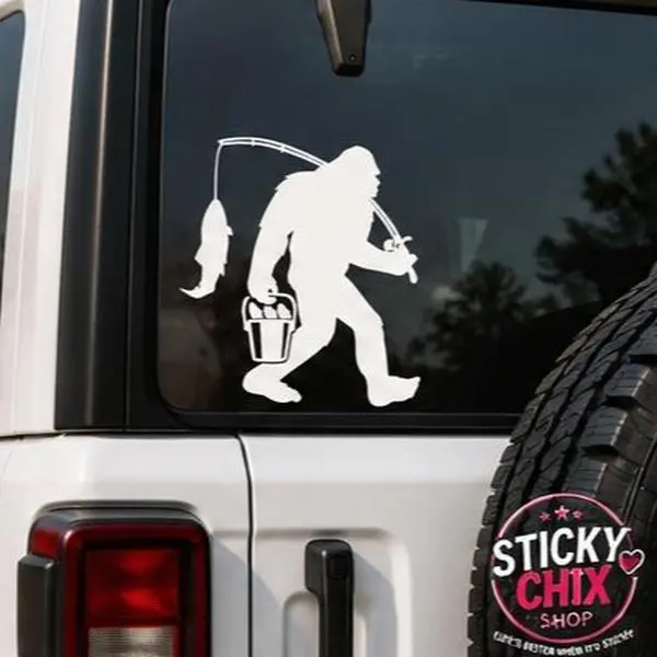 Bigfoot Fishing Vinyl Decal | Funny Sasquatch Car Window Sticker | Waterproof Die-Cut | 6", 8" & 10" Sizes