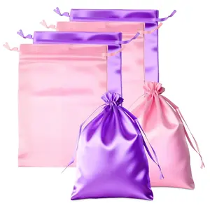 Satin Wig Storage Bags 4Pcs with Drawstring – Silk Hair Organizer for Wigs Extensions Braids & Weave Bundles in Purple & Pink Colors for Home Salon & Travel Use