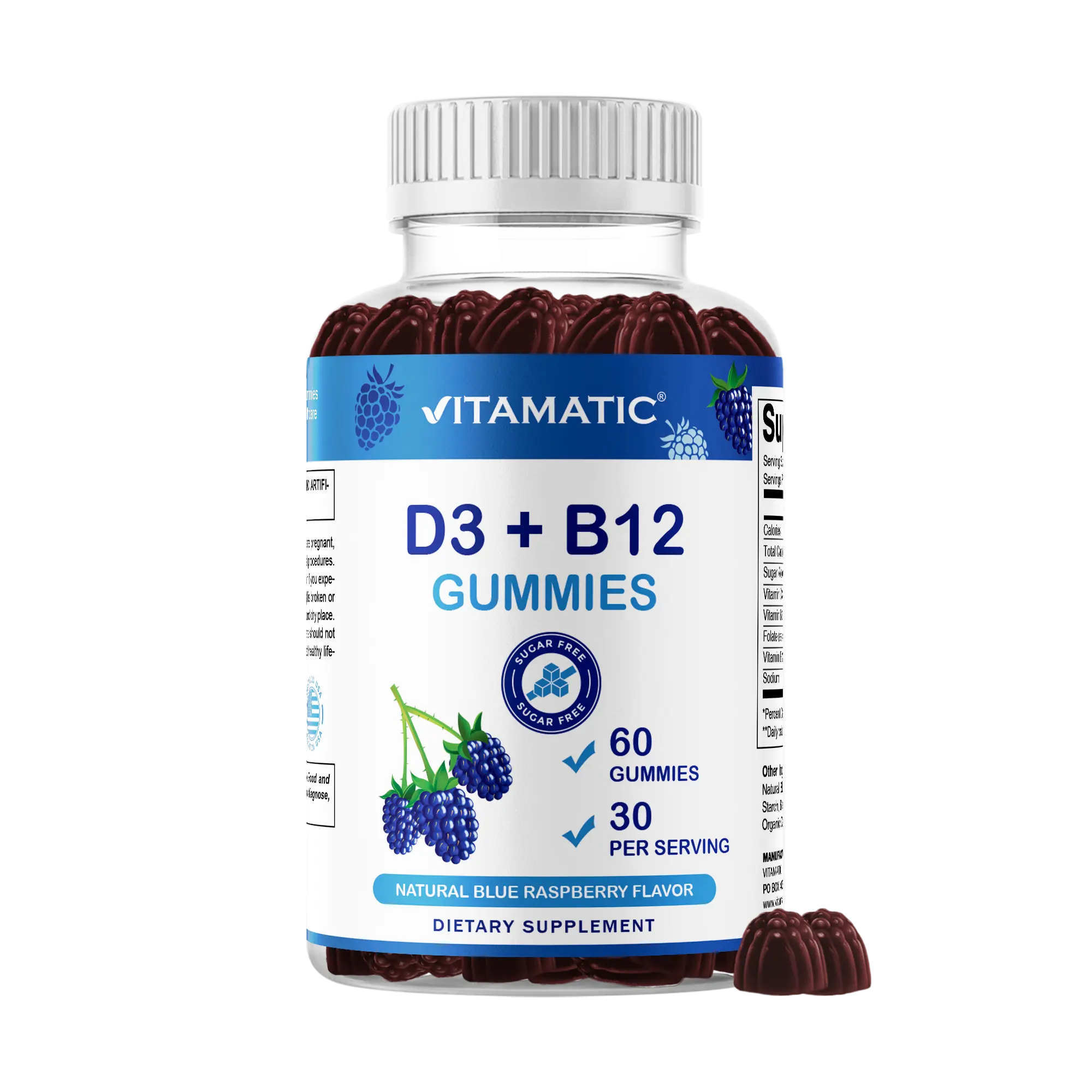 Vitamatic Sugar-Free Dairy-Free Chewable Vitamin D3+B12 Jelly Gummies, with Folate, Vitamin B6, Natural Blue Raspberry Flavor, 60 Count, Metabolism Support, USA-Made Healthcare Supplement, Dye Free