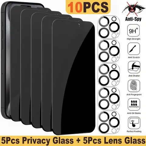 Privacy Screen Protectors & Camera Lens Protectors for iPhone Duo 18 Pro Max 18 17 16 15 14 13 12 11 9H Anti Spy Tempered Glass Film 5Pcs Privacy Glass + 5Pcs Lens Glass