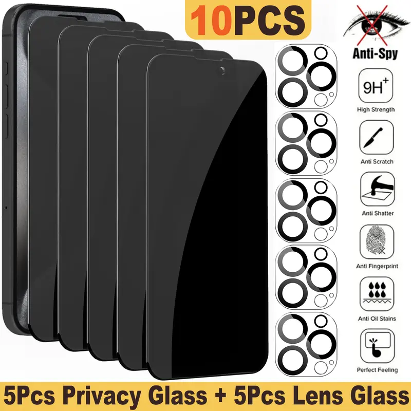 Privacy Screen Protectors & Camera Lens Protectors for iPhone Duo 18 Pro Max 18 17 16 15 14 13 12 11 9H Anti Spy Tempered Glass Film 5Pcs Privacy Glass + 5Pcs Lens Glass