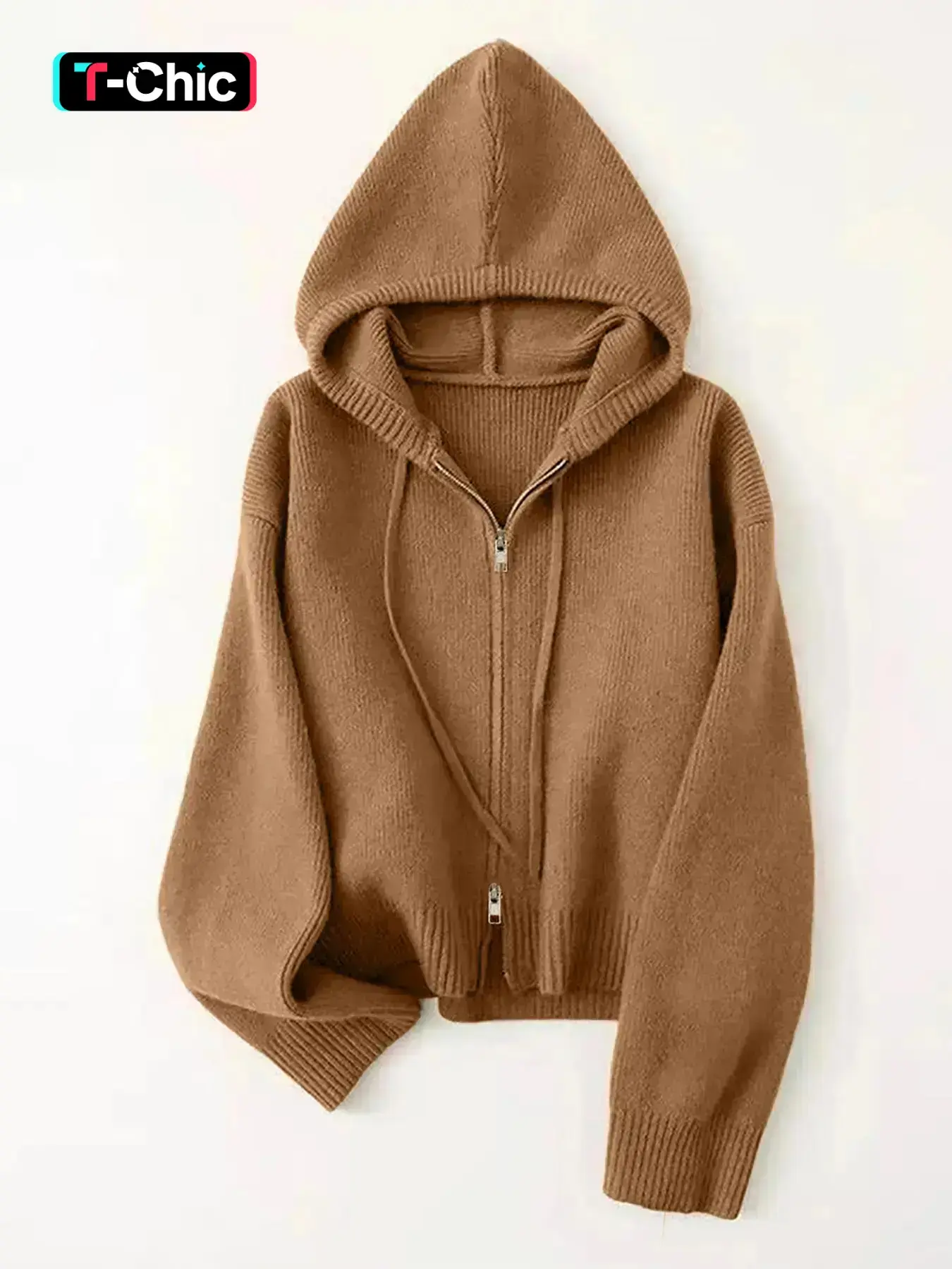 Women's Elegant Basic Hooded Zipper Long Sleeve Oversized Knit Cardigan, Winter Fashion Soft Comfortable Loose Adjustable Drawstring Knitting Sweater Top, New Arrival Casual Chic Design Knitwear, Outerwear