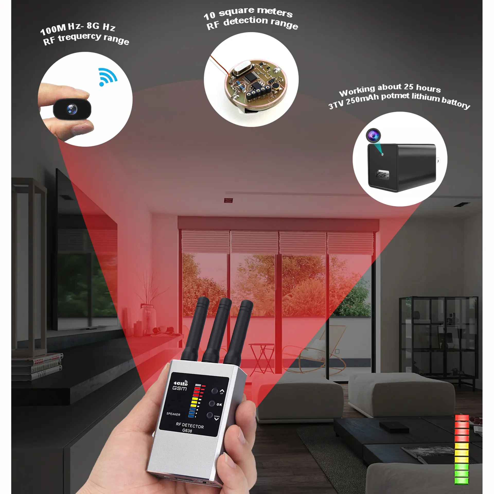 RF Bug Detector Hidden Camera Finder - Anti-Spy Listening Device with Aluminium Alloy Button, Lithium Ion Battery, 30mA Working Current, 12-15 Hours Working Time, Detector *1, for Home & Office Security Monitoring, Object Inspection