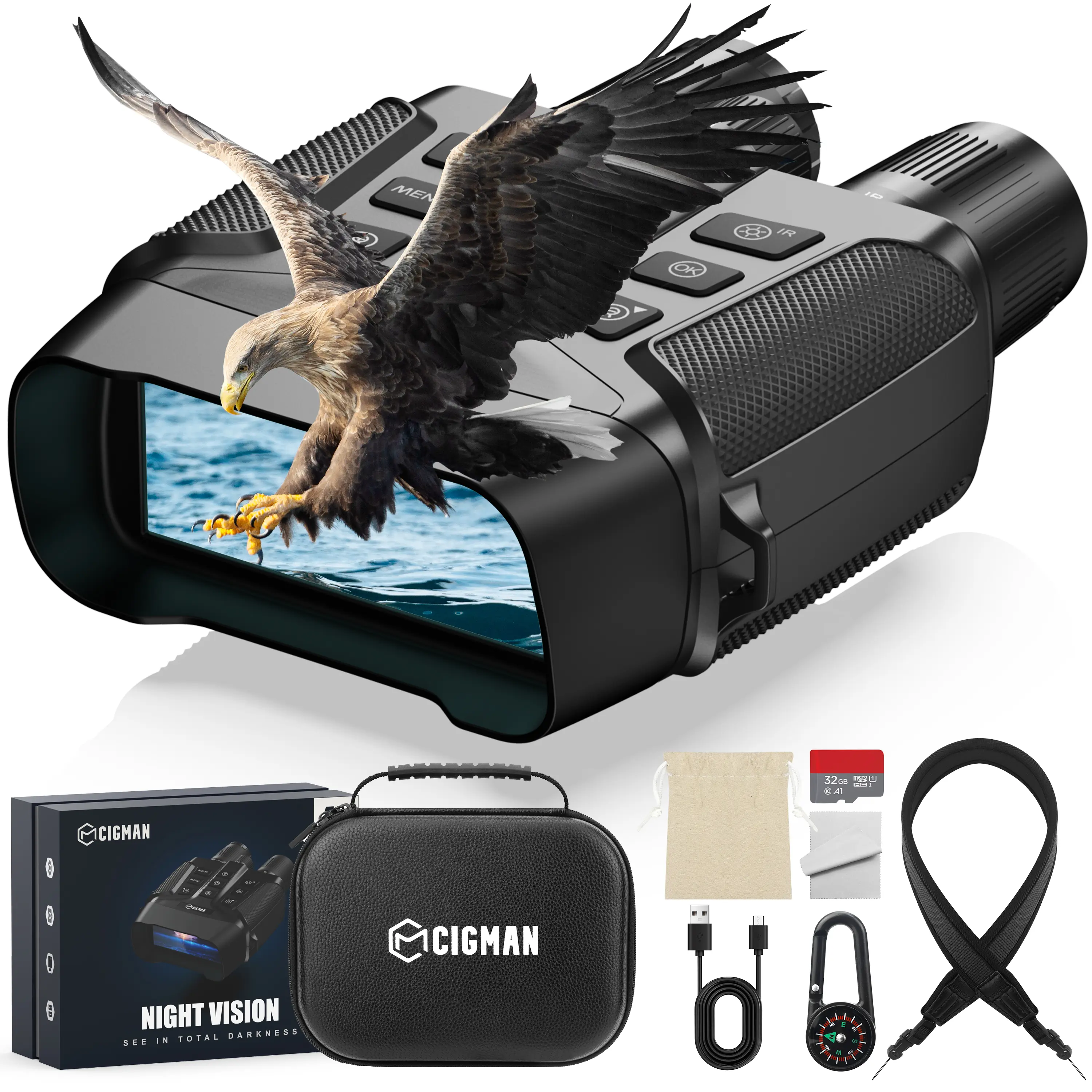 CNV01 4K Night Vision Goggles with compass,Binoculars with 3.99" Large Screen, 5000mAh Battery, f/1.0 Large Aperture,32GB Card, Flashlight, 5X Zoom,Hunting,camping,Christmas&NewYear gifts