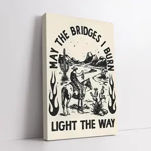 Western Lantern Artistic Wall Art Poster, "May the Bridges I Burn Light the Way" Quote, Vintage Western Typography, Rustic Desert Aesthetic Denim Decoration, Framed or Frameless Print for Living Room, Country Ranch Home Decor Gift Canvas Cowboy, Western C