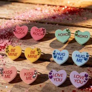 Valentine Conversation Hearts 6 Pcs Set Handmade Acrylic Earrings with Colorful Text and Sparkling Accents for Romantic Gifts