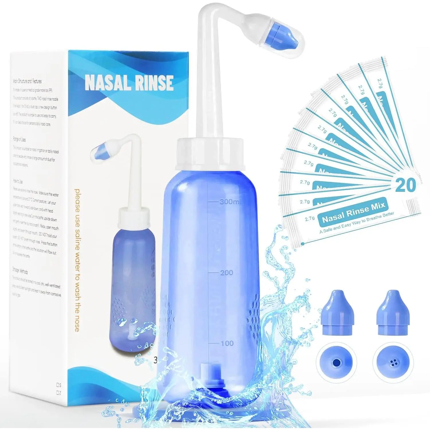 Nasal Wash Bottle Sinus Rinse System with Automatic Valve - 300ml Kit, 40g Salt (20 Packets), 2 Nozzles for Adults & Children, Allergy Relief, Cleansing, Congestion, Liquid Nasal Cleaning, 40 Grams