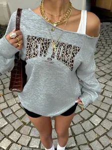 Grey Off - Shoulder Loose Knit Sweatshirt with Leopard New York Print! Stylish, Comfy for Streetwear. Trendy Must - Have for Fashionistas Womenswear