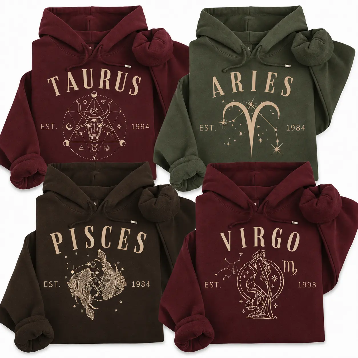 [LEAVE NOTE EST. YEAR] Full 12 Zodiac Hoodie, Taurus Aries Pisces Virgo Astrology Pullover, Vintage Celestial Graphic Sweatshirt, Birthday Gift for Women and Zodiac Lovers