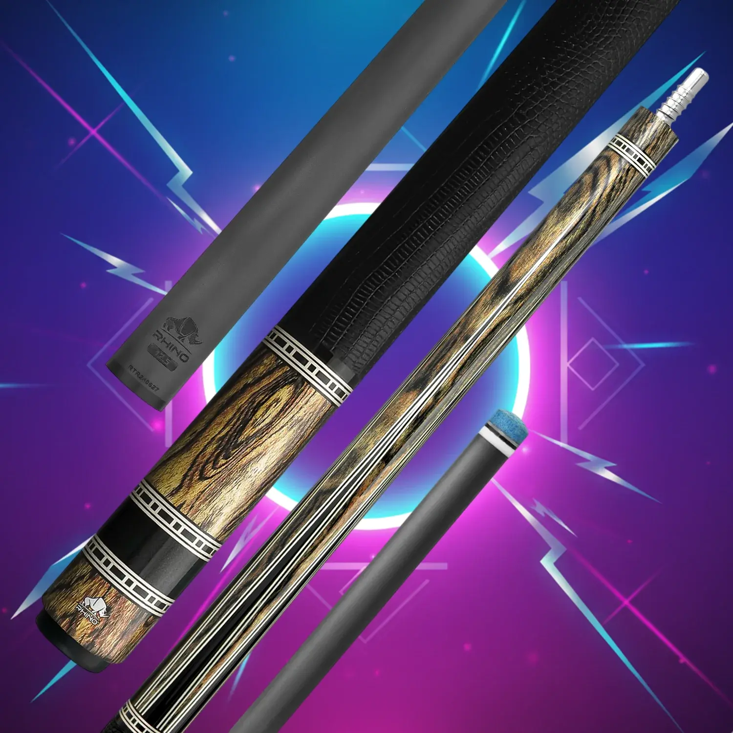RHINO RETRO Bocote Carbon Fiber Pool Cue — Lizard-Embossed Leather Wrap, 6-Point & Five-Ring Design, Time Crystal 12.5mm Tip, Pro Taper Shaft, 3/8-8 Joint, Weight Adjustable