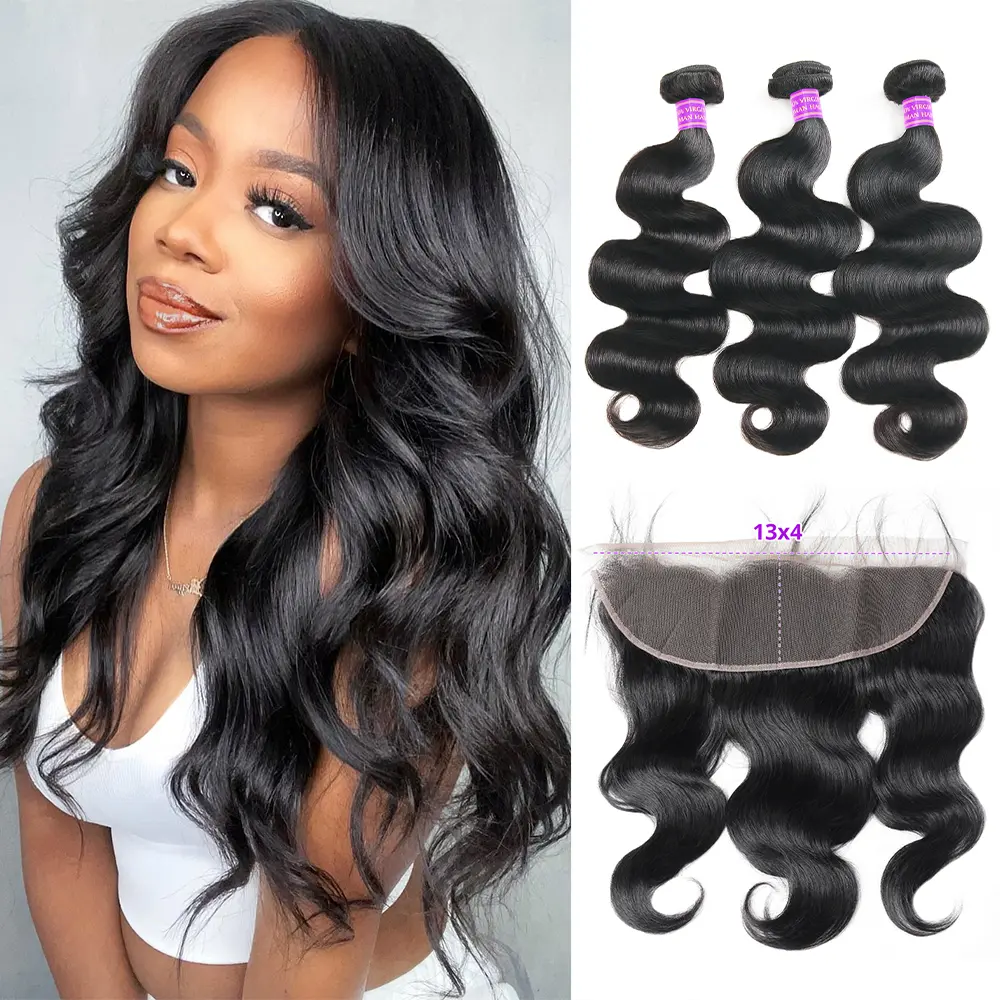 13x4 Lace Frontal With Bundles Body Wave Bundles With Frontal Closure Free Part Human Hair Bundles With Frontal Black Hair Extensions