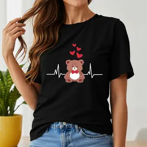 Women's Casual Short-Sleeve Round-Neck Cute Bear Print T-Shirt - Heartbeat Design, Valentine's Day Gift for Ladies, Spring Summer Streetwear for Romantic Occasions (Sports & Outdoor Top)