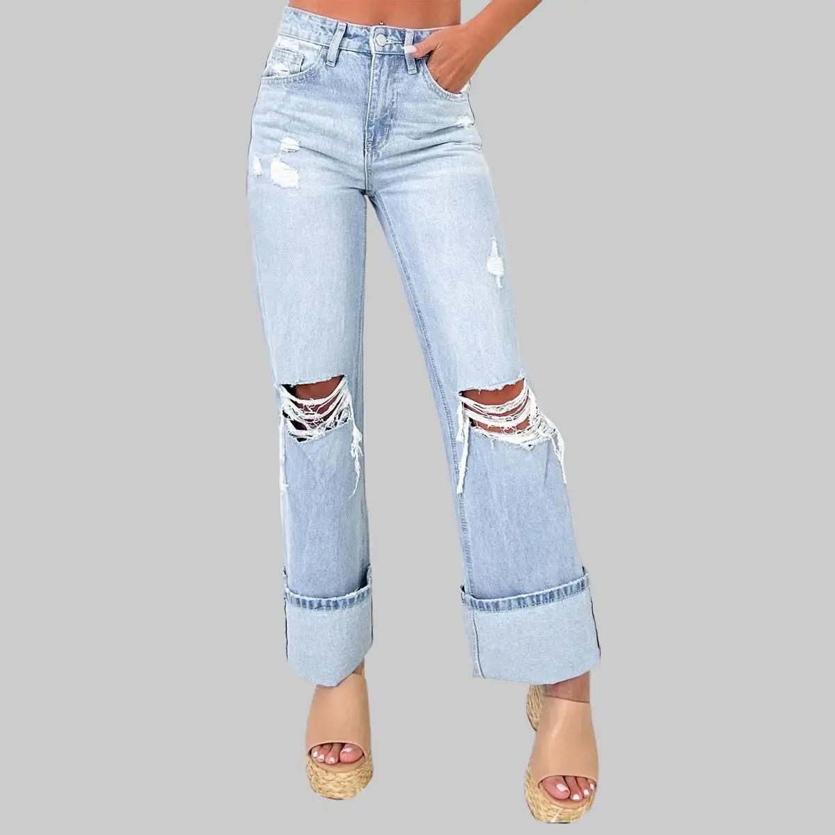 Beau Blue Light Wash Distressed Straight Leg Jeans for Women, High Rise Ripped Cuffed Denim Pants, 93% Cotton 5% Polyester 2% Elastane Casual Vintage Daily Streetwear Jeans