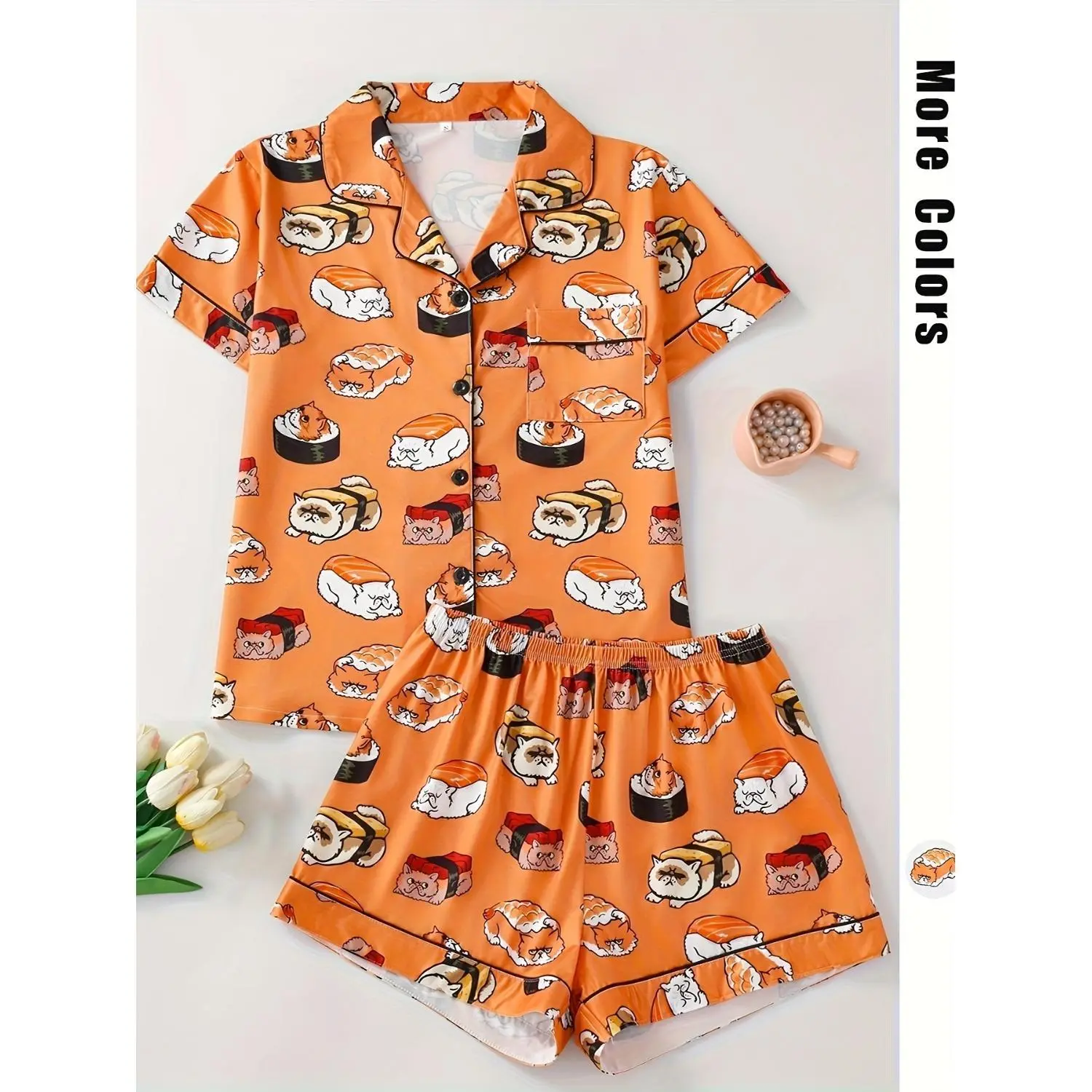 2-Piece Women’s Cute Sushi Cat Pajama Set, Cartoon Print Lapel Button Short-Sleeve Top with Elastic-Waist Shorts, Casual Comfortable Loungewear