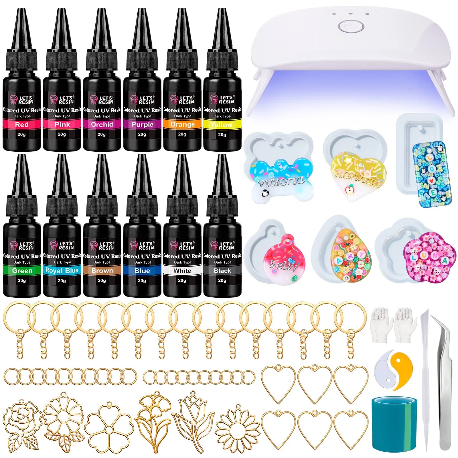 LET'S RESIN All-Inclusive Keychain Making Kit - 12-Color UV Resin, UV Light, Silicone Keychain Molds, 6-Style Flower & Heart Open Bezels, Beginner-Friendly Jewelry Craft Decor, Father's Day Gift, Keychains