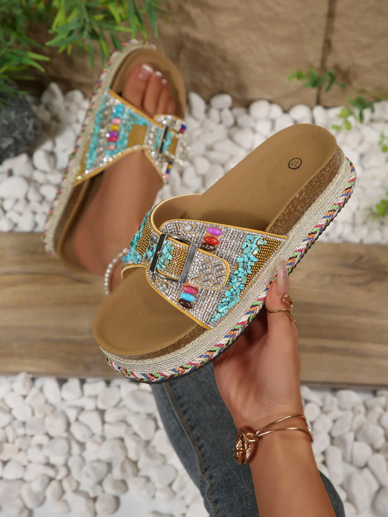 Women's Bohemian Beaded Thick Sole Sandals, Rhinestone Turquoise Decorative Open-Toe Slippers, Adjustable Buckle Boho Flat Sandals, Comfortable Summer Beach Shoes, Boho Style Sandal
