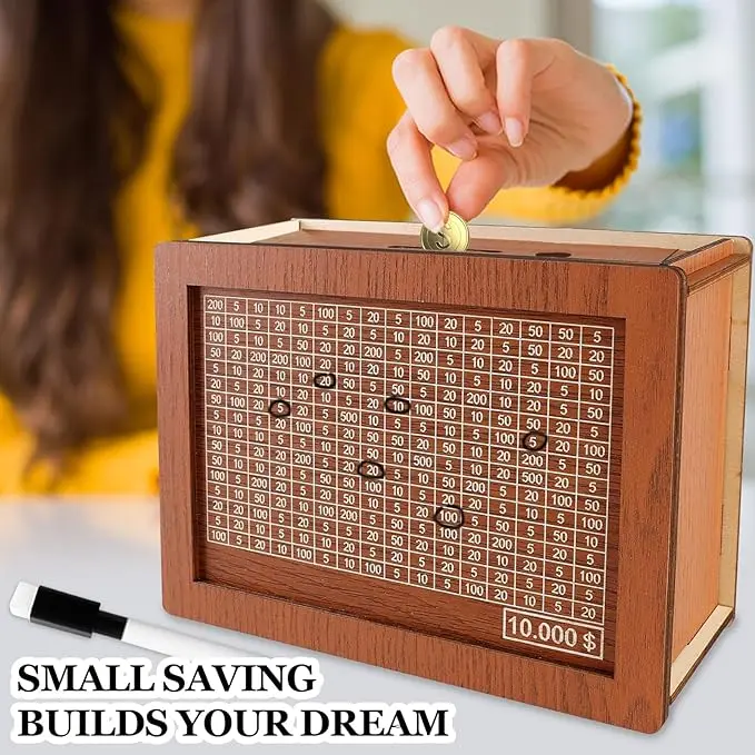 Cash Vault Wooden Savings Box, Piggy Box, Wooden Cash Saver Money Box With Money Target And Numbers, Wooden Coin Bank Money Box With Counter For Savings Goal $10000 Halloween, Christmas Gift