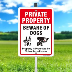 Private Property Sign Set with Caution Dog and Video Surveillance Warning, Yard Sign, Signage, Made of Aluminum Metal, UV Resistant, Durable Outdoor Use