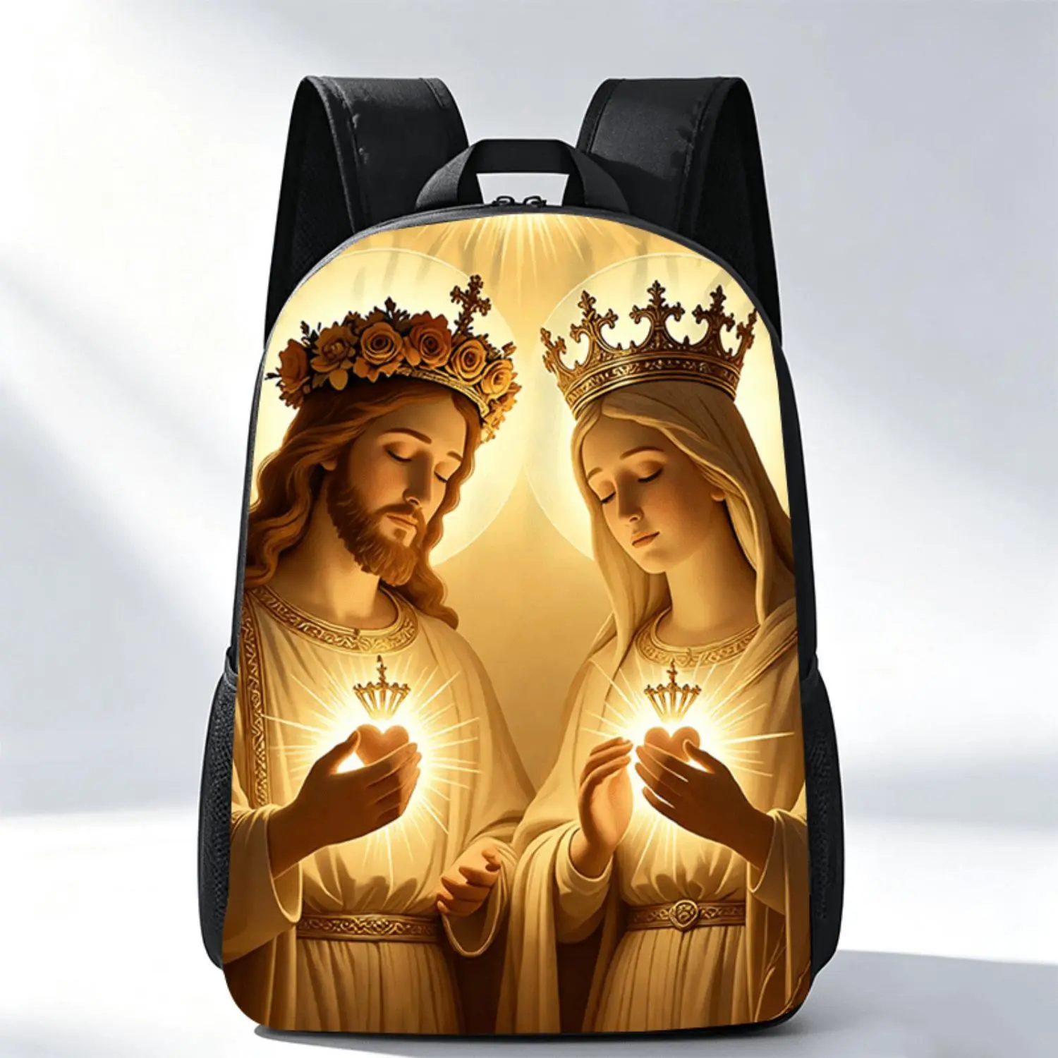Sacred Hearts Floral Crown Print School Backpack, Lightweight Laptop Rucksack with Customizable Straps & Zip Closure, Unisex Daypack for Daily Commute Outdoor Travel, Ideal Back to School, Birthday, Xmas, Halloween & Thanksgiving Holiday Gift