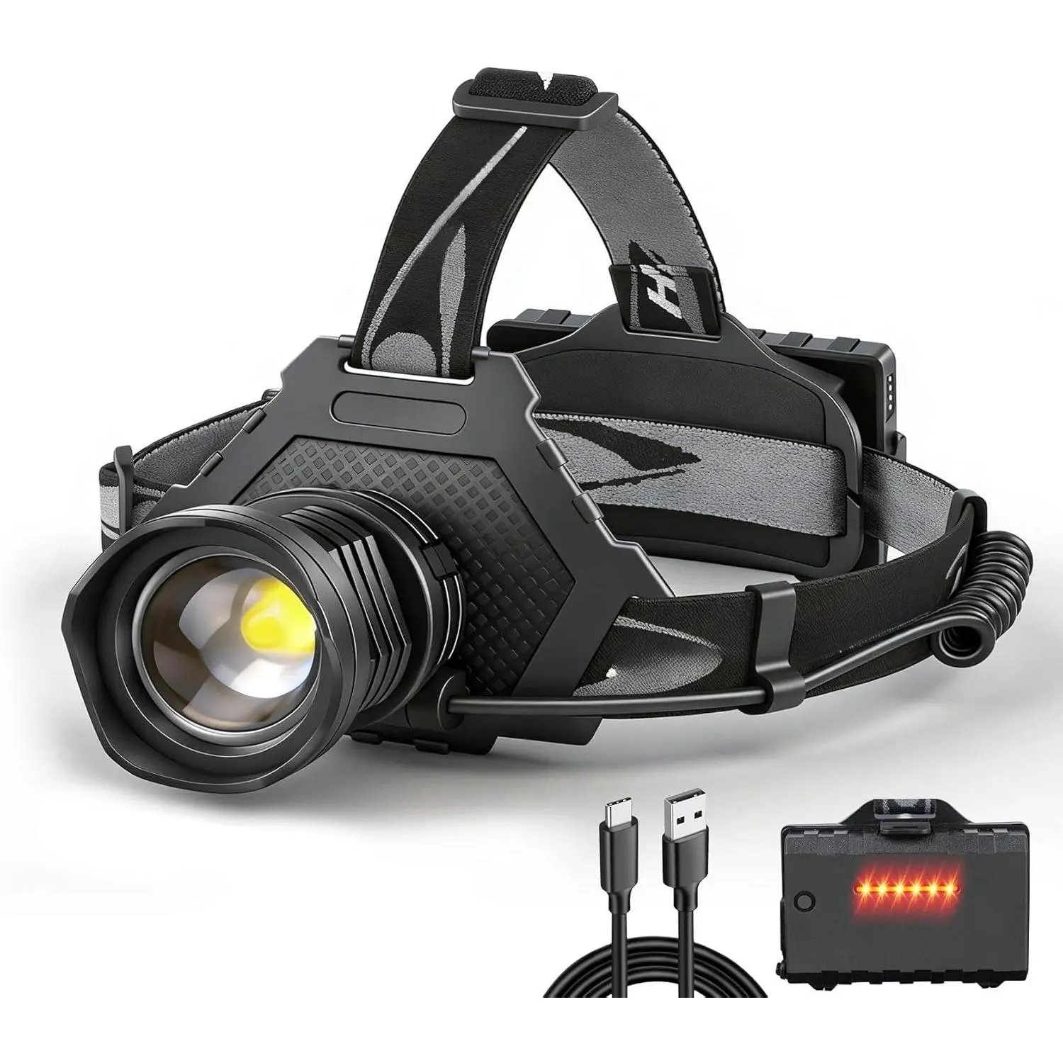 LED Headlamp USB Rechargeable, Head Lamp XHP70 Super Bright 90000 High Lumen with 5 Modes, Batteries Included, Zoomable, Waterproof Headlight  Camping Hunting Running Fishing Biking (Black)