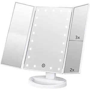 Tri-fold Lighted Vanity Makeup Mirror with 3x/2x Magnification,21 LEDs Light and Touch Screen,180 Degree Free Rotation Countertop Cosmetic Mirror,Travel (Green)
