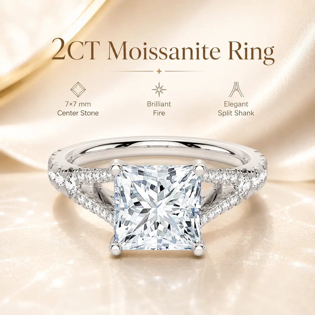 2CT 7×7mm Princess Cut Moissanite Engagement Ring for Women, S925 Sterling Silver Split Shank Pavé Promise Wedding Ring queen ring